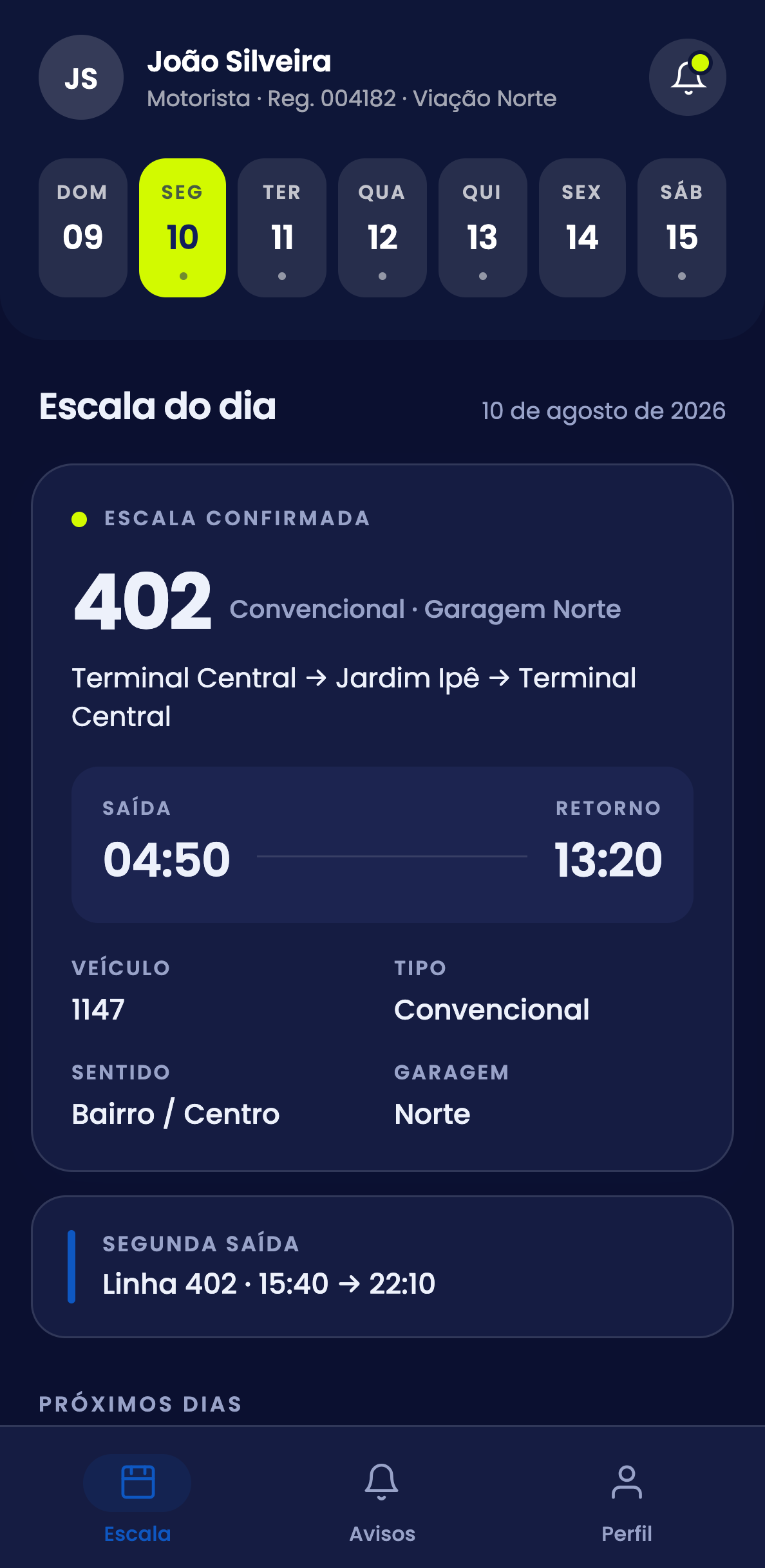 Tela de escala do motorista no app