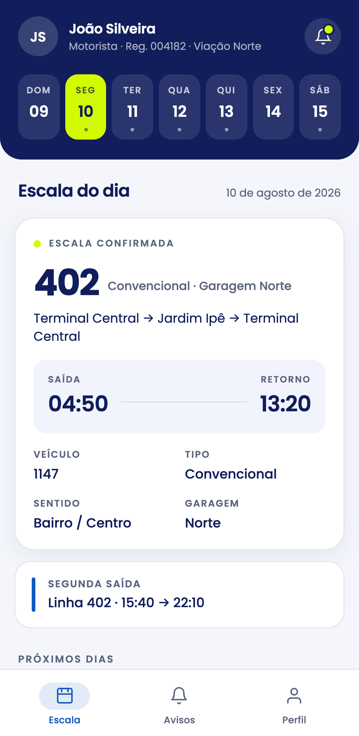 Tela de escala do motorista no app